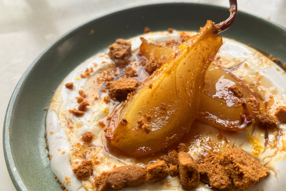 Roasted Pear with spiced ricotta yoghurt and crumbled biscuits 