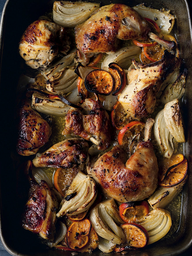 Roasted chicken with clementines and arak