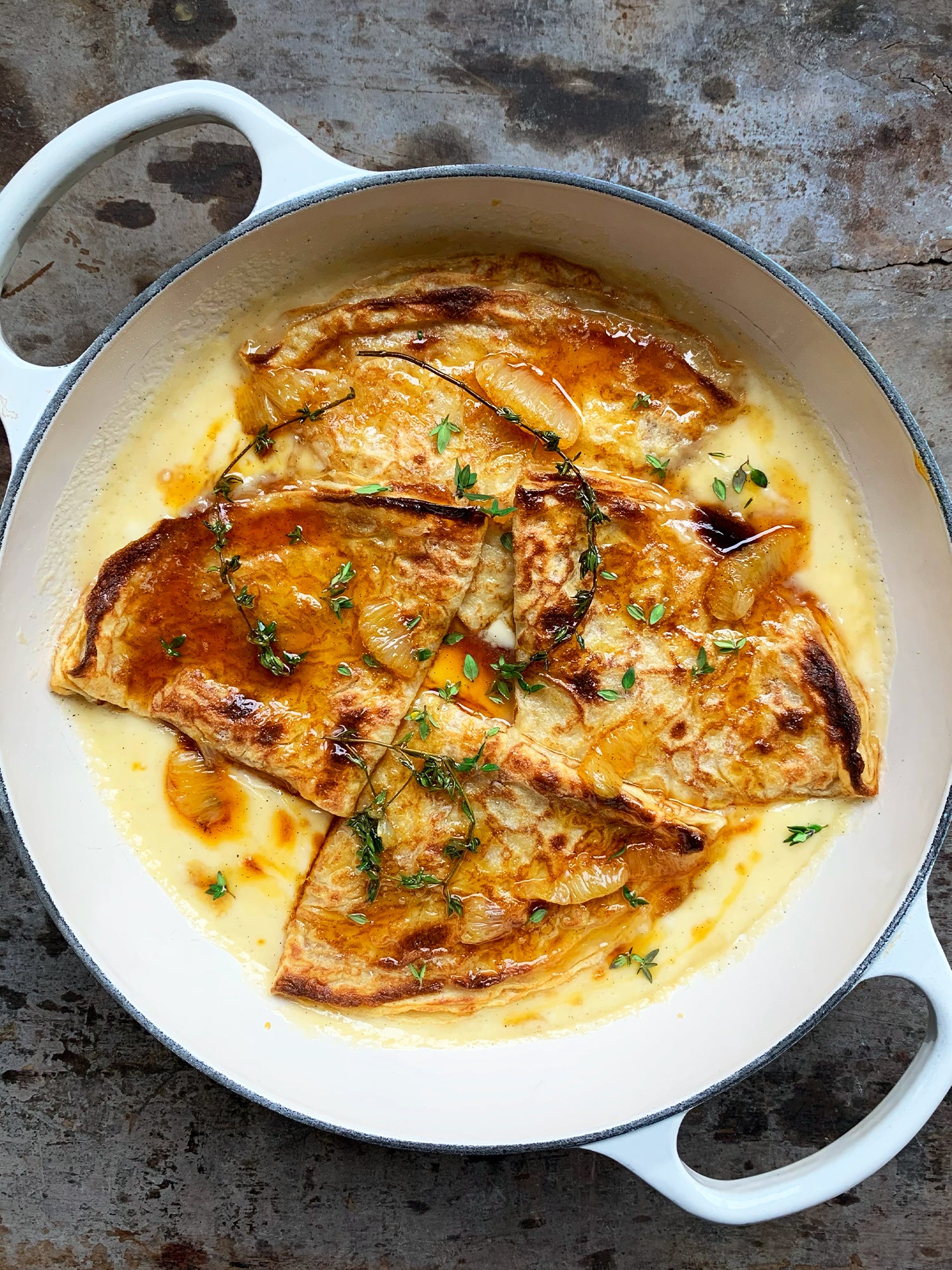 Skillet blintzes with lemon, mascarpone and thyme