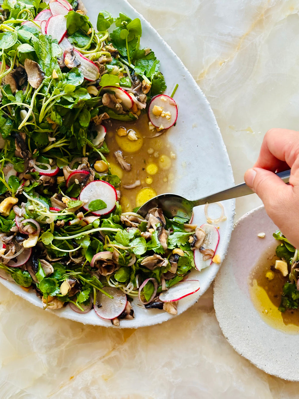 Sliced mushroom, salted cashew and yuzu salad