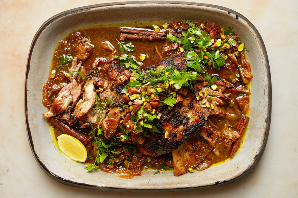 Slow-cooked lamb shoulder with fig and pistachio salsa