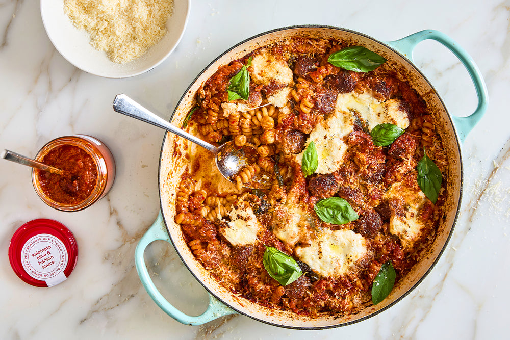Spicy meatball and bucatini pasta bake Recipe Image