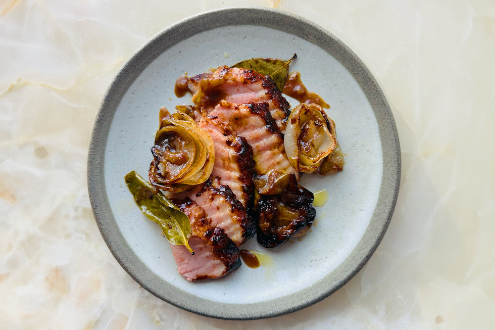 Sticky tamarind and apple gammon