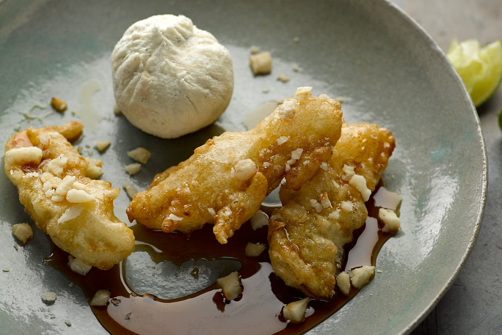 Strained ricotta with banana fritters and maple syrup
