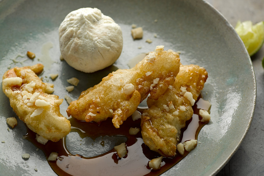 Strained ricotta with banana fritters and maple syrup