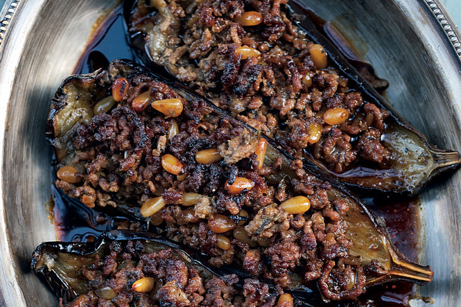 Stuffed aubergine with lamb and pine nuts