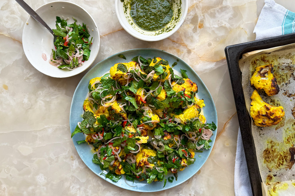 Turmeric-yoghurt cauliflower with mint and cardamom