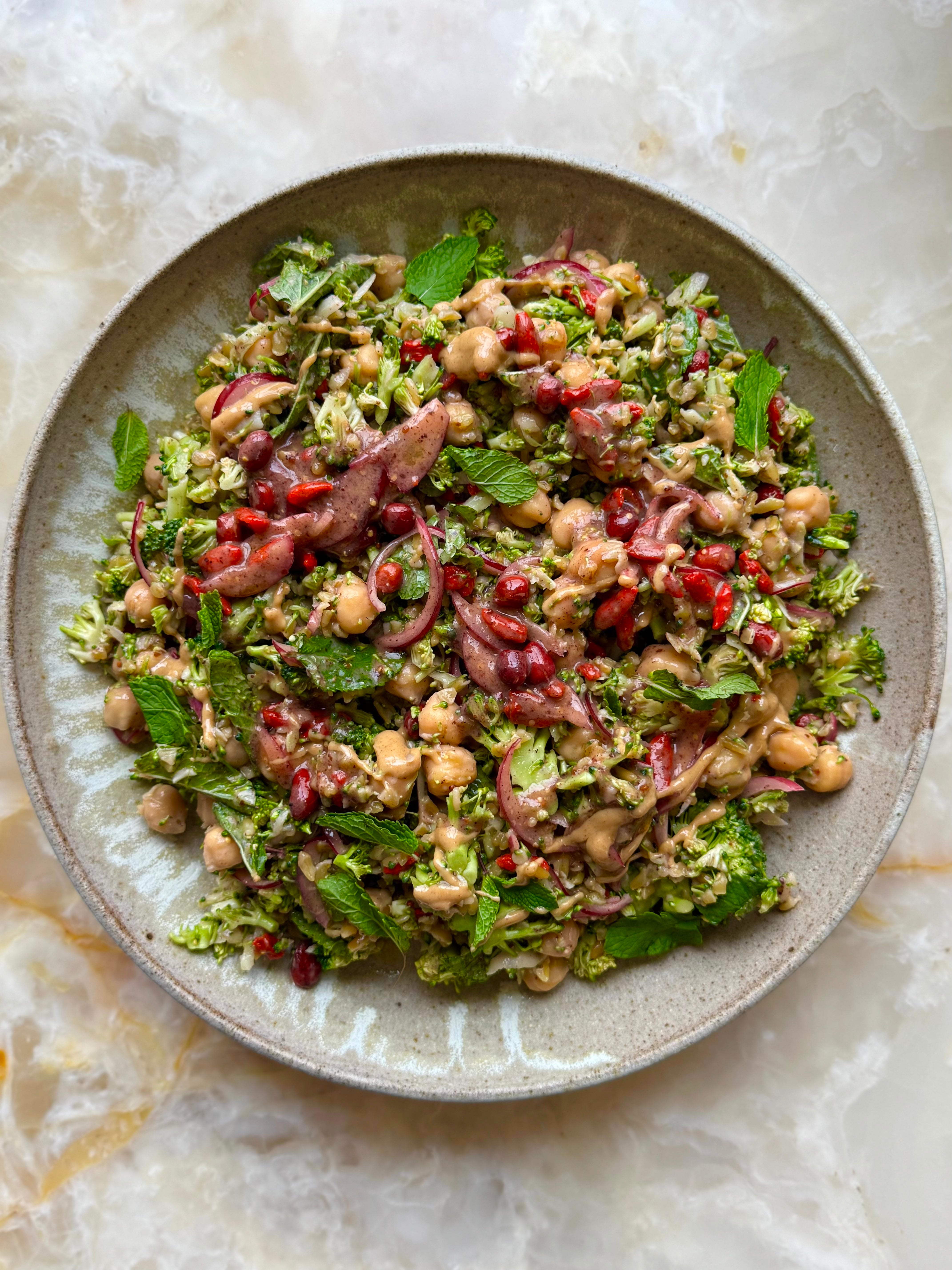 Chopped broccoli salad with peanut and goji dressing