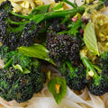 Purple sprouting broccoli with rice noodles